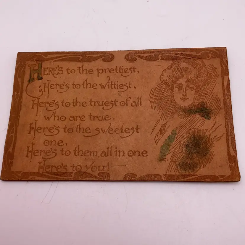 POW3 Antique Leather Postcard "Prettiest" Blank No Stamp