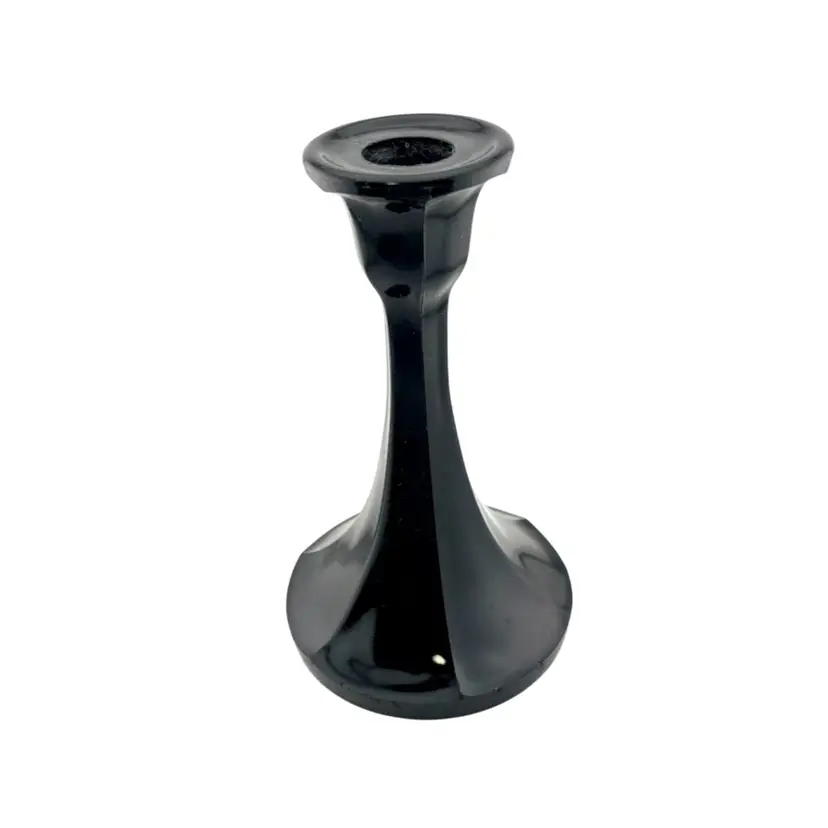 Vintage Black Amethyst Glass Candlestick Holder 6.75” Tall x 3.75” At The Base x 2” At The Top