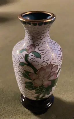 Vintage Miniature Cloisonne White Background w/Floral Design Vase - 2"  tall