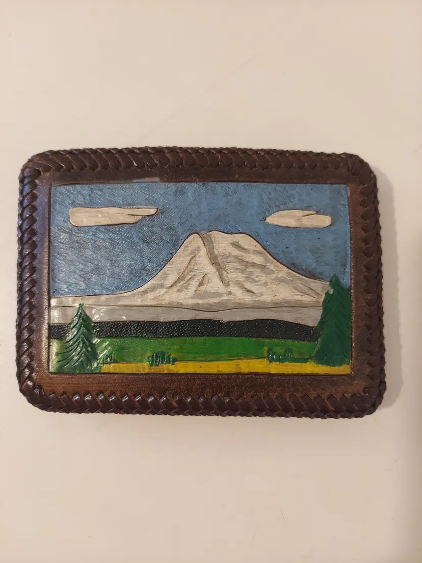 Hand Tooled Leather Belt Buckle Handpainted Mountain Scene