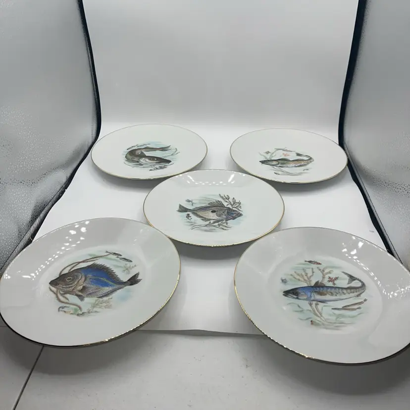 Neiman Marcus German Porcelain Plates Fish Designs w/ Label Set Of 5