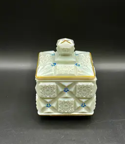 Westmoreland Milk Glass Lidded Box "Old Quilt" Pattern , hand Painted