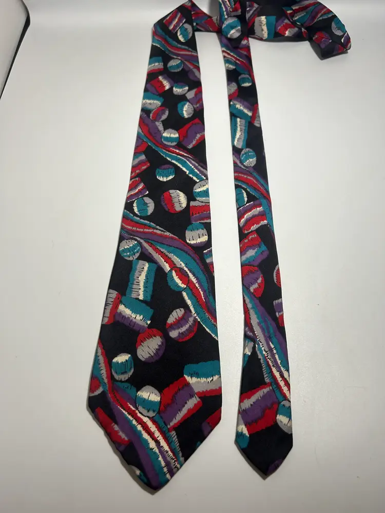 Vintage All Silk Blair Black Gray Pink Purple Teal Abstract Design Tie 61.25 x 3.75"