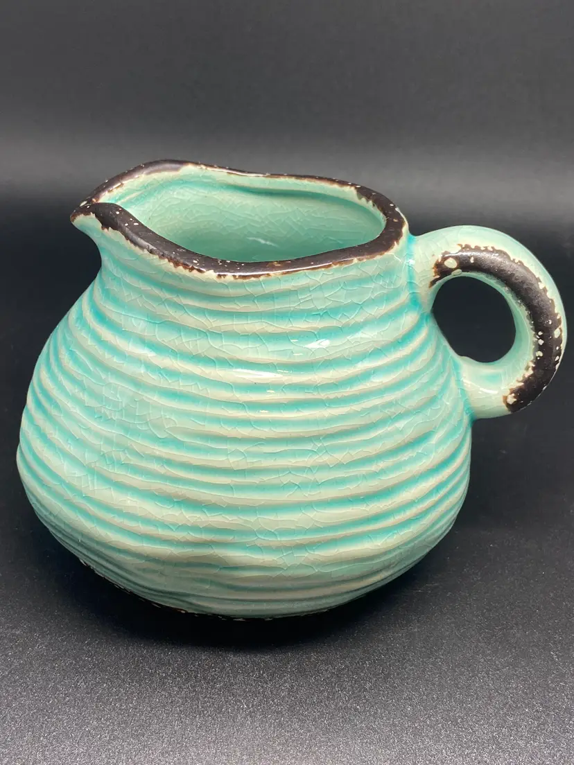 Studio Decor Pottery Ceramic Pitcher Rustic Boho Modern Green Blue Glaze Crazing