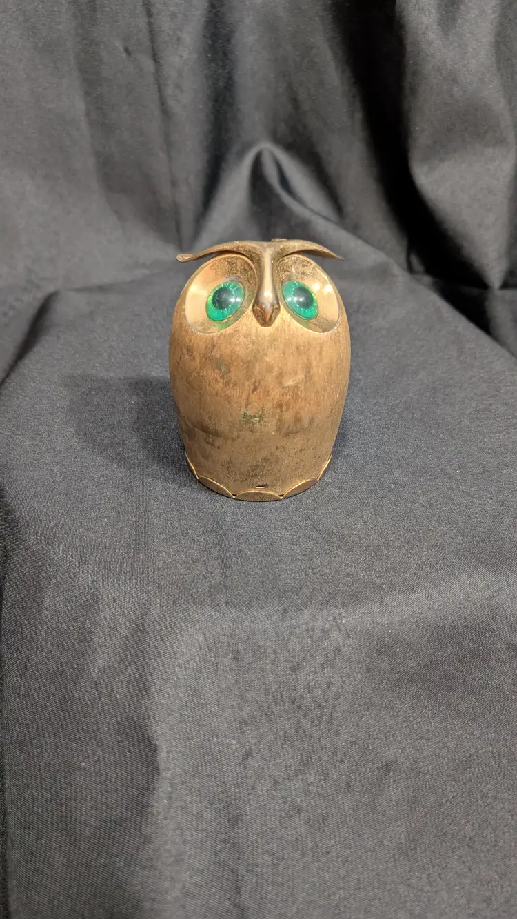 1950s-70s Brass Owl Coin Bank with Green Eyes
