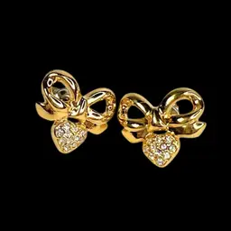 Liz Taylor White Diamonds (WD) Gold-tone Bow & Pave CZ Heart Stud Earrings.