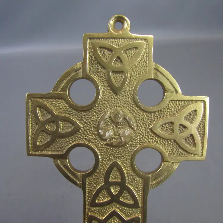 Liffey Artefacts Brass Celtic Cross 3.75" x 6.5" Trinity Knots Wall Hanging