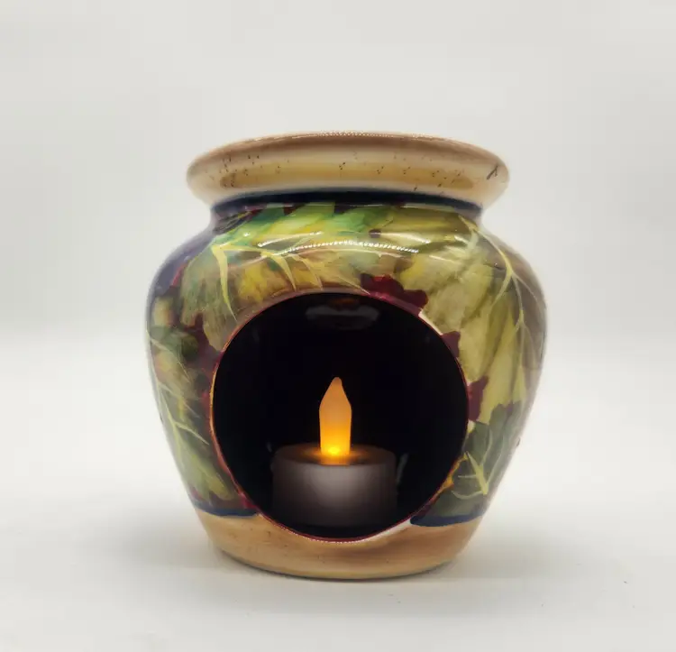 Casa Verona Hand Painted Ceramic Wax Melt Burner Yellow Green Leaf Floral Motif