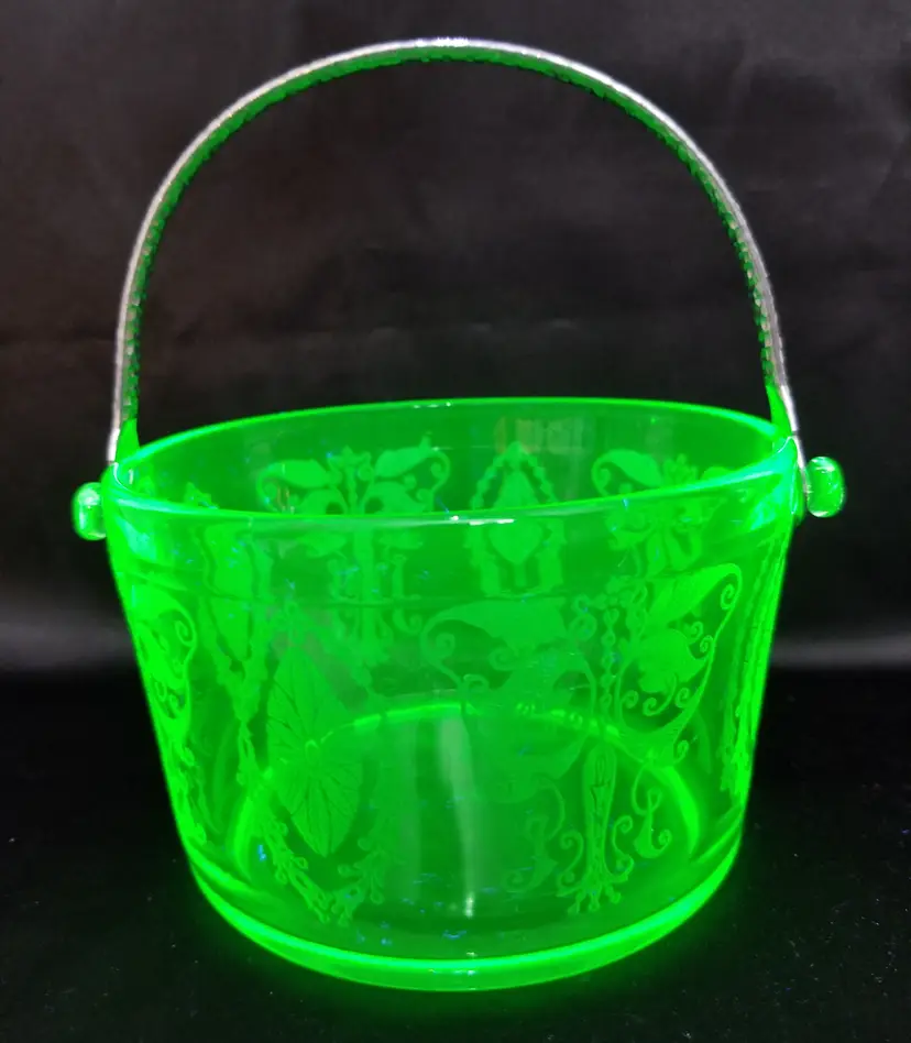 Vintage Cambridge Majestic Etch Green Depression Glass Ice Tub Bucket