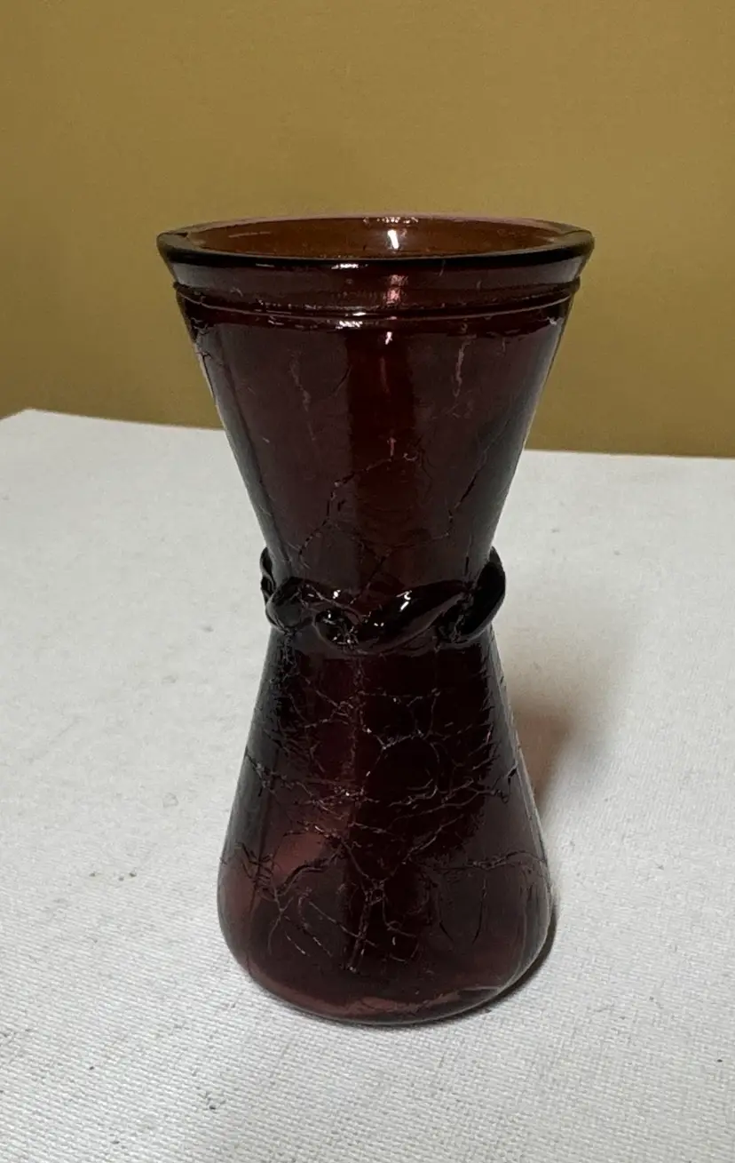 BLENKO Miniature Purple Amethyst Crackle Glass Bud Vase Applied Swirl