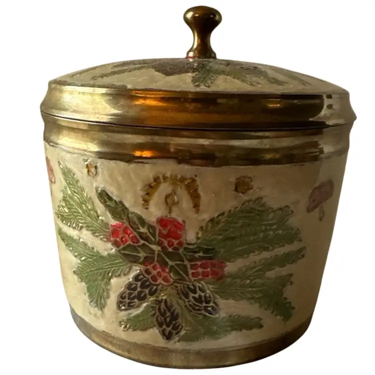 Vtg Solid Brass Cloisonné Lidded Canister Christmas Enamel  Hand Painted. Patina