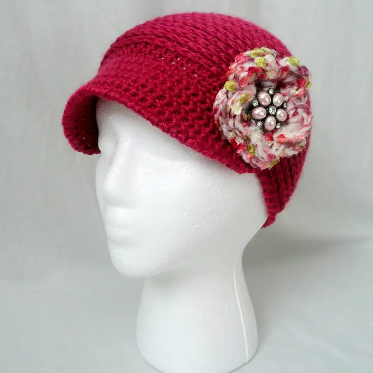 Handmade Crochet Berry Pink Newsboy Hat Matching FlowerAccent Pink Pearl Brooch