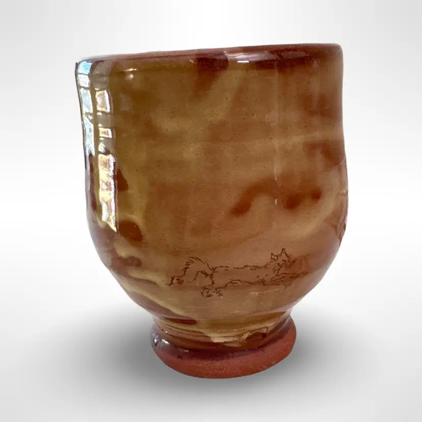 Mary Briggs Studio Art Pottery Cup Terra Cotta Hand Drawn Fox Rabbit Tree 4.5” Tall