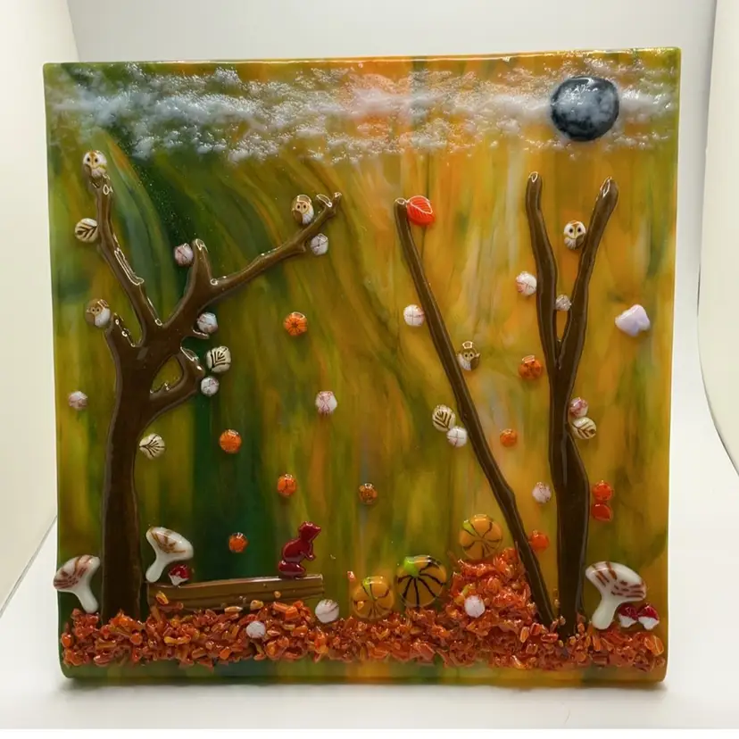Made by Me! Fused Glass FREE STANDING Panel 7.25” x 7.75” x 4” 3D Fall Theme Handcrafted Studio Art