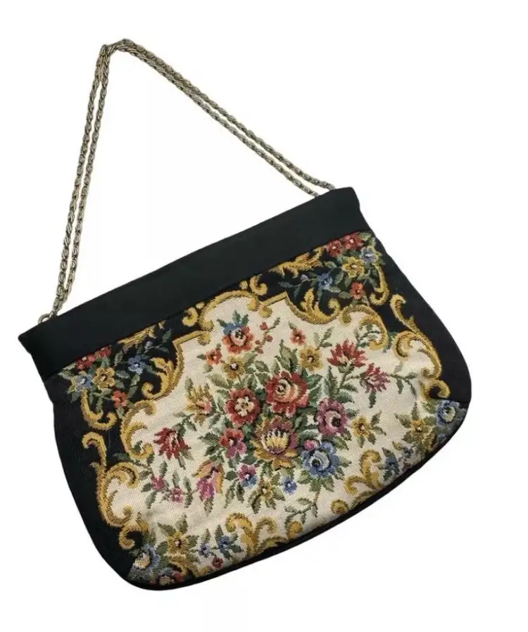 Vintage Floral Tapestry Bag Handbag Purse Metal Frame with Chain strap