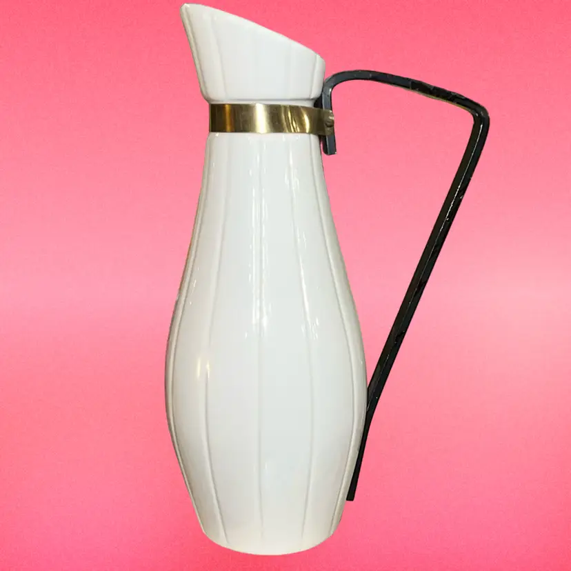 MCM Ceramic Pottery Tall Pitcher With Metal Handle