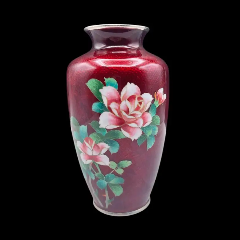 #211B Vintage MCM Japanese Pigeon Blood Red Cloisonné Vase With Pink Roses