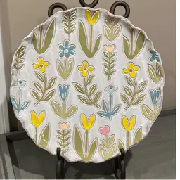 Large Beautifully glazed Mud Pie Flower, Stoneware Platter With Scalloped Edges 12 Inches. Beautiful for Easter/ Spring Decor