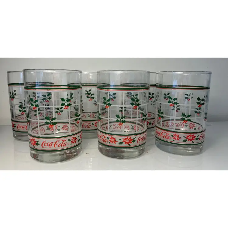 Arbys Set of 6 Christmas Collectible Coca Cola 6" Holly Coke Glasses 1990