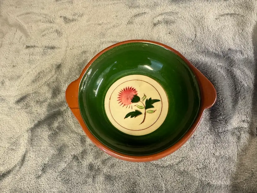 Vintage Stangl Pottery Thistle Lug Handles Bowl Small Casserole Pink Green 5.25”