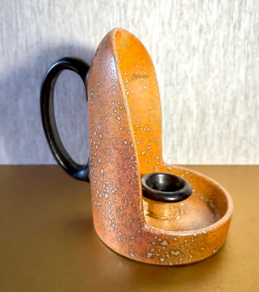 Antique AustroHungarian Ceramic Candlestick Holder with Shield and Handle 7”x 5 Oil Spatter Satin Orange Glaze