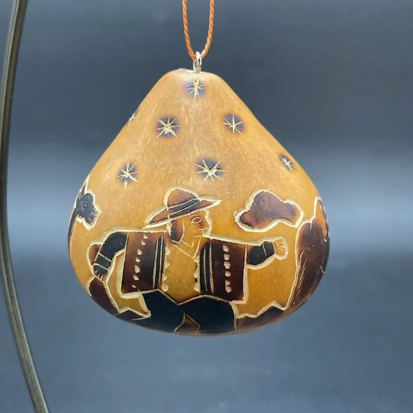 Lucuma Gourd Carved Christmas Ornament Peru Folk Art Handmade