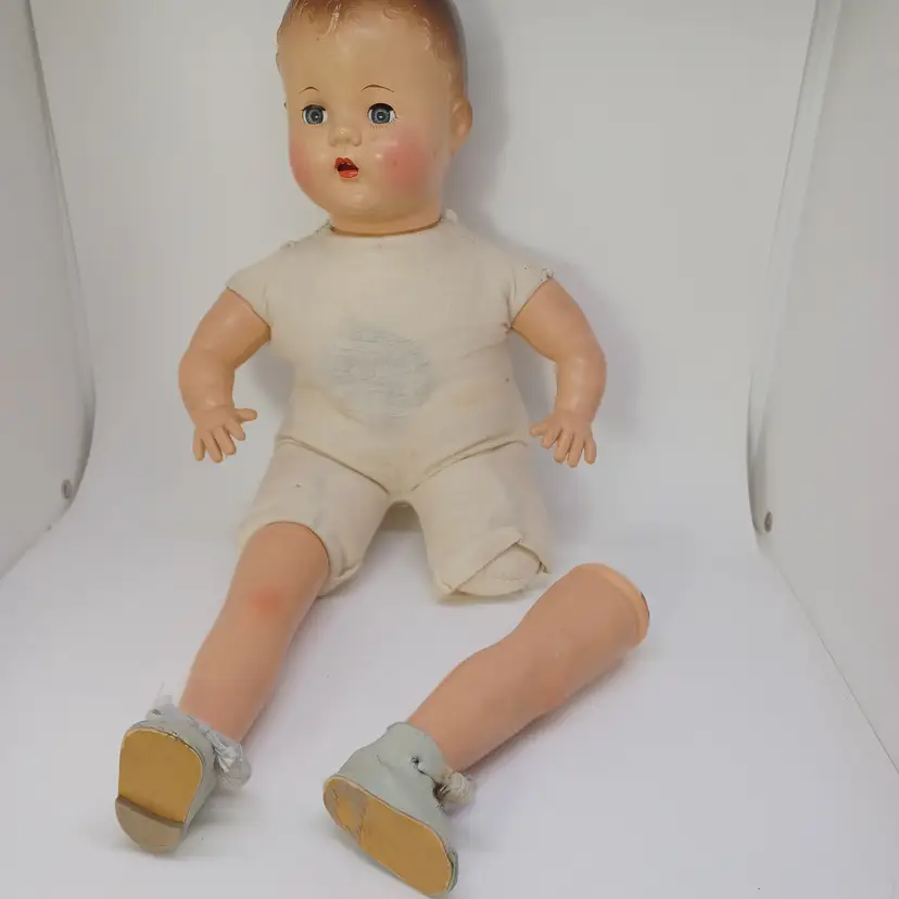 Antique 18" Composition & Cloth Boy Baby Doll, Sleep Eyes, Molded Hair, Crier Box (works)