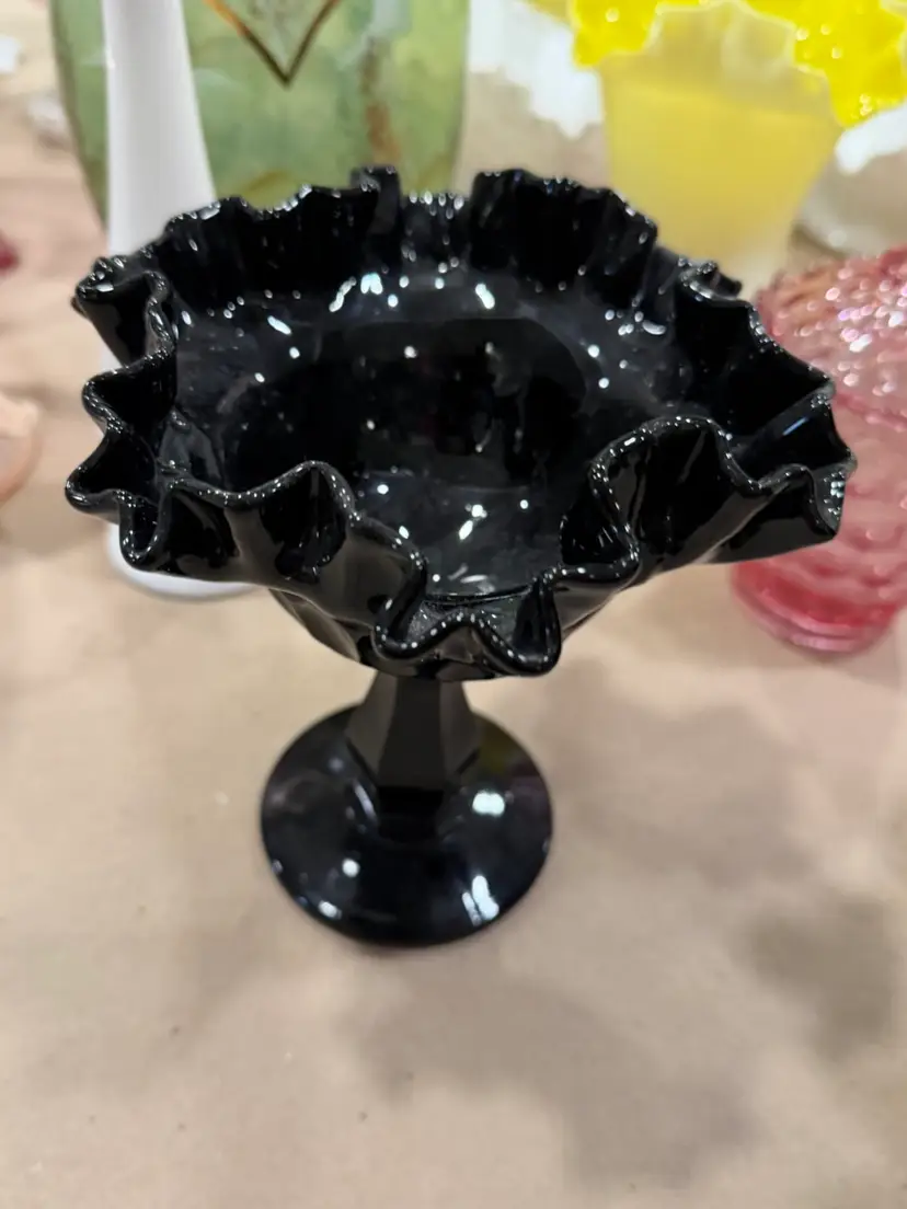 034.  Vintage Fenton Black Amethyst Ruffle Top Candy Dish Compote