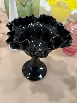 034. Vintage Fenton Black Amethyst Ruffle Top Candy Dish Compote