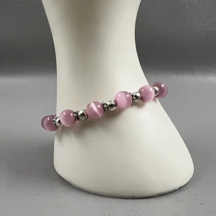 Pink Beads Silver Tone Cancer Awareness Charm Beaded Bracelet 7.5"