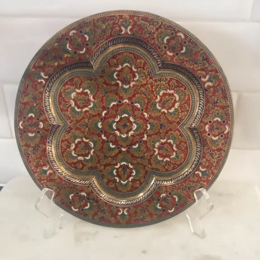 VTG Brass Floral Plate Tray Red Enameled Etched Painted Decorative
