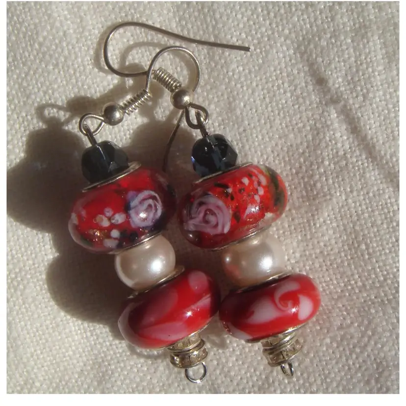 Handmade Glass Faux Pearl Drop Earrings Red Black