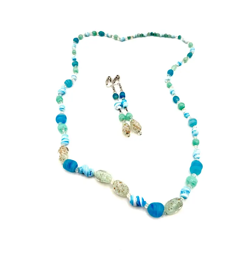 Blue Glass Bead Clasp On Earrings & Slip On Necklace Set