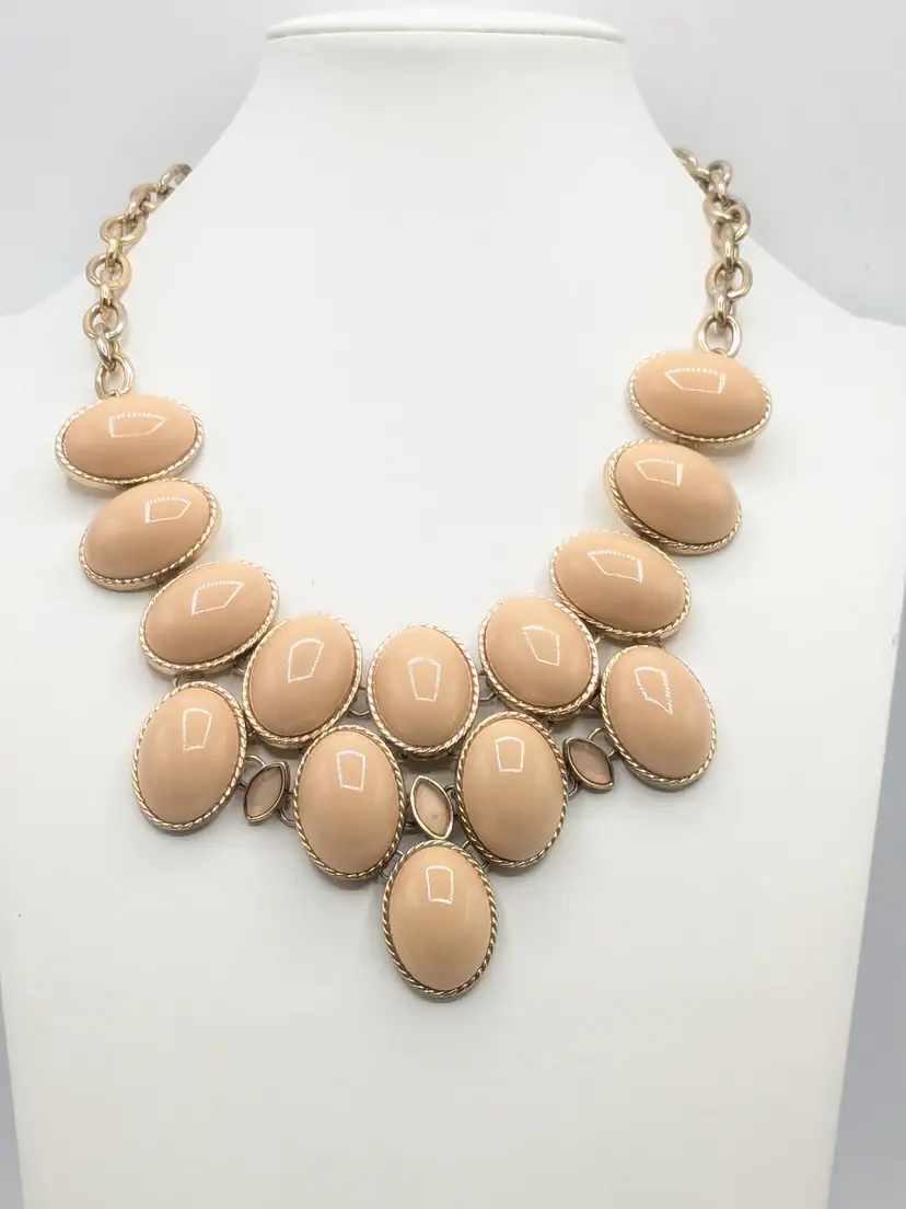 Gold Tone Statement Bib Necklace Nude Beige Cabochons Acrylic