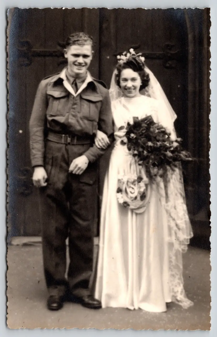 Postcard RPPC Husband and Wife Real Photo Wedding Day Bride and Groom Bouquet - 9290