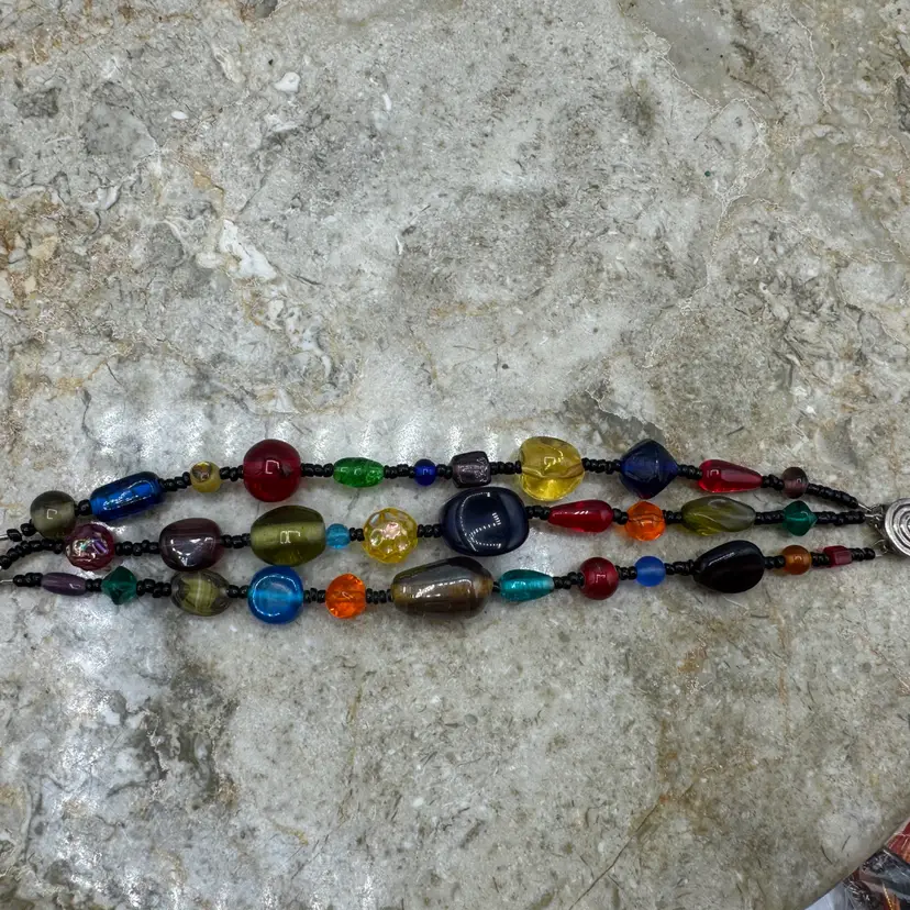 Vintage Sterling Silver 3-Strand Art Glass Bracelet, Multicolor Venetian/Murano Style Lampwork Beads, STG Marked Clasp “Tested”