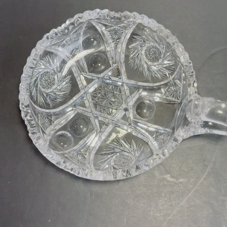 #1345 Vintage Clear Glass Nappy Dish W Clear Glass Handle Sawtooth Edge American Brilliance Pinwheel