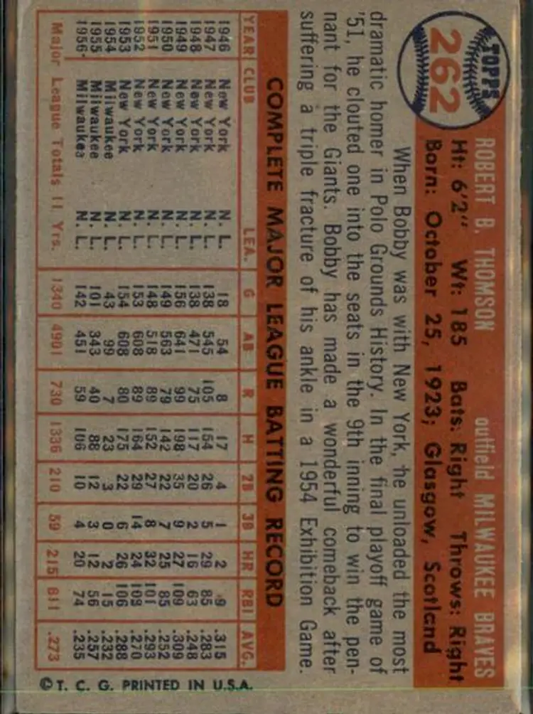 1957 Topps #262 Bobby Thomson - ( pk1 ) - Milwaukee Braves