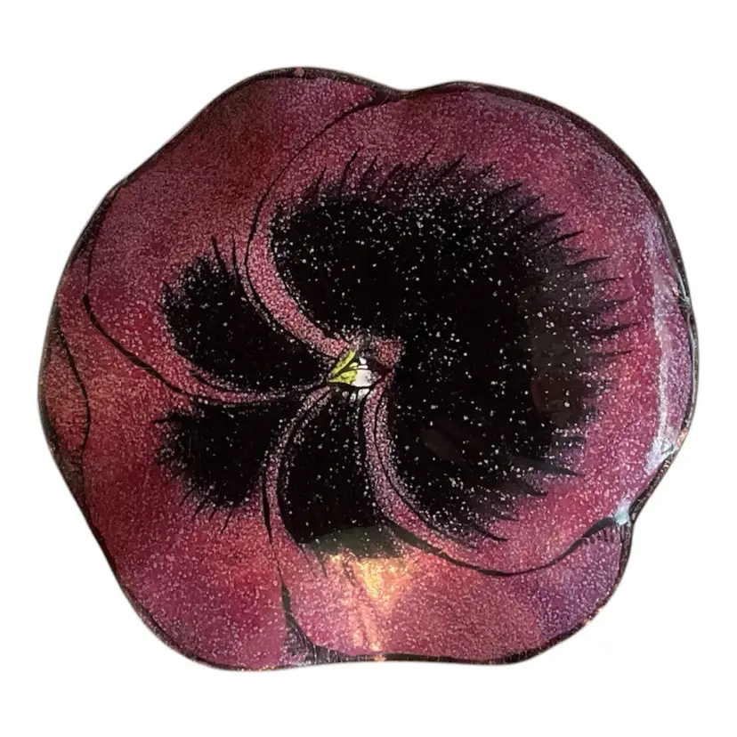 Enamel On Copper Pansy Dish / Trinket Tray Signed M. Ratliff 4 Inch Diameter
