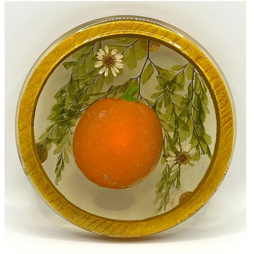 Vintage Lucite Acrylic Pressed Flowers Mandarin Round Trivet 5 In Diameter