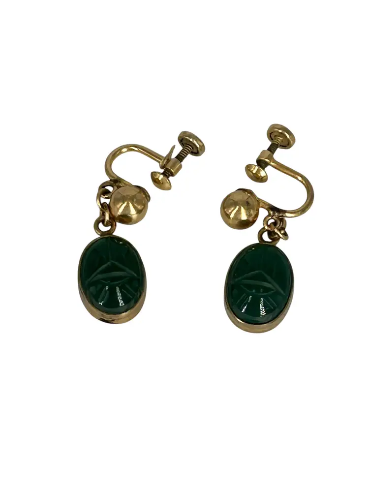 Vintage Amco Gold Filled Chrysoprase Carved Scarab Screw Back Earrings