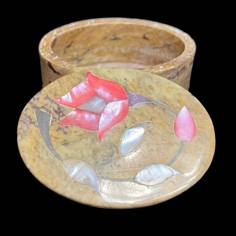 MARKDOWN! Soapstone Trinket Box Mother Of Pearl Inlay India, Inlay Glows!, ~1.25” x 3” x 2.25”