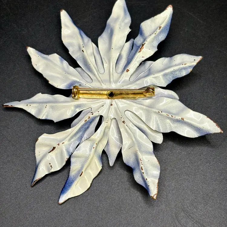 Large Dark Blue Navy Enamel Flower Poinsettia Brooch Pin 3.5"
