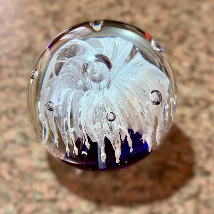 Vintage Art Glass Paperweight Cobalt Blue Drippy White Flower & Large Center Controlled Bubble **Smaller**