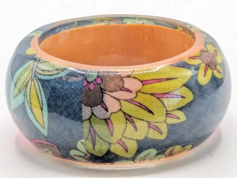 Vintage Chunky Floral Material Clear Acrylic Overlay Fabric Bangle Bracelet