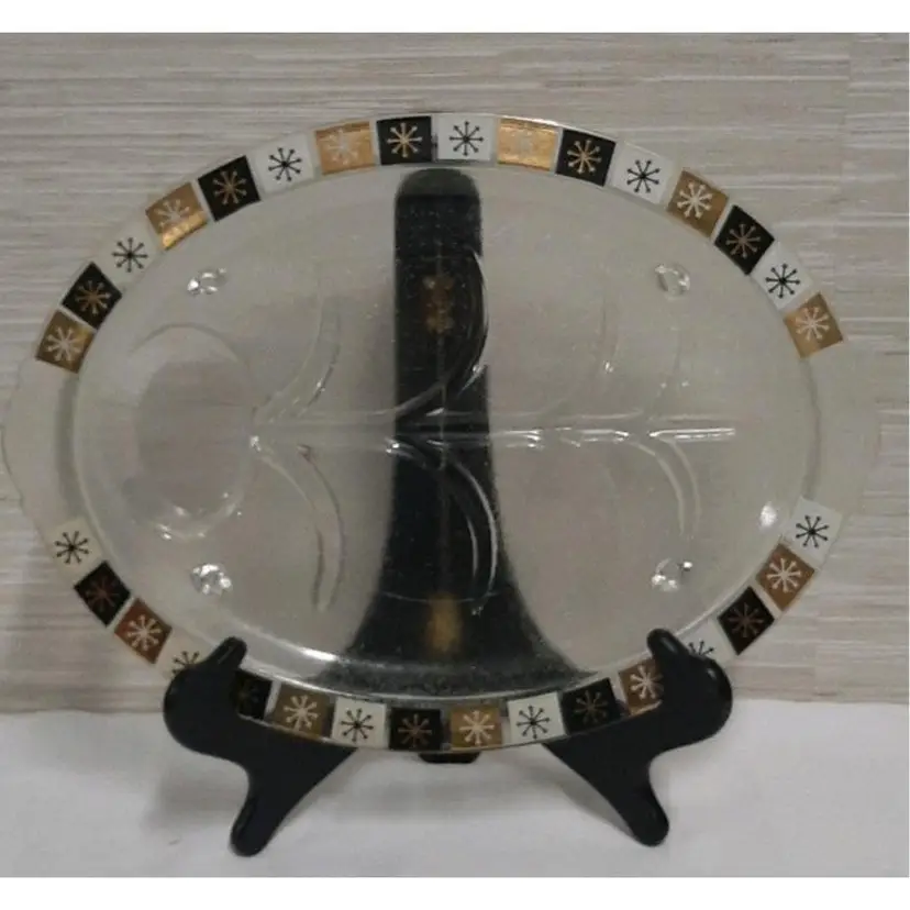 Vintage Atomic MCM Snowflake Serving Platter Black and Gold Federal Glass Pyrex Pattern Turkey Plate
