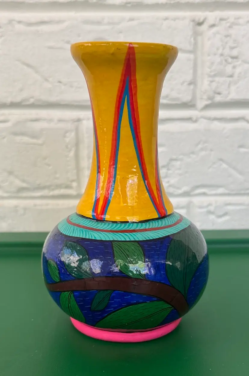 Mexican Art Pottery Colorful Hand-Painted Vase