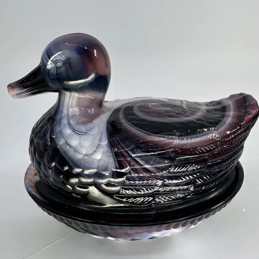 Vintage Imperial Amythyst Slag Swirl Glass Duck on a Nest