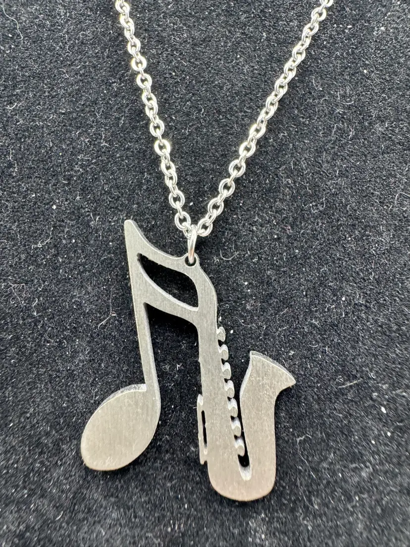 Stainless Steel Saxophone Music Note Necklace 16” & 1 1/2” Extender With Heart