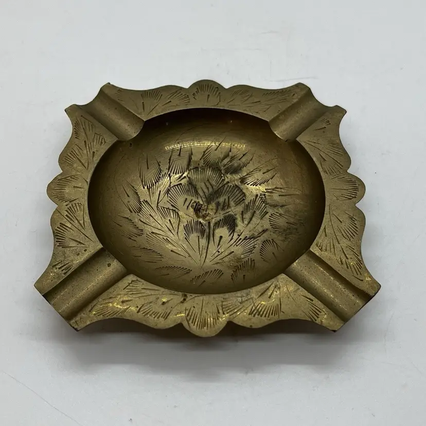 Vintage Brass Ashtray Dish Hand Etched India Floral Leaves